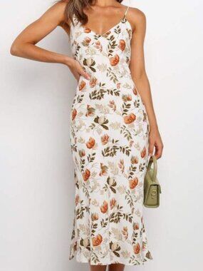 Petal & Pup White Floral Midi Dress with Orange and Olive Accents
